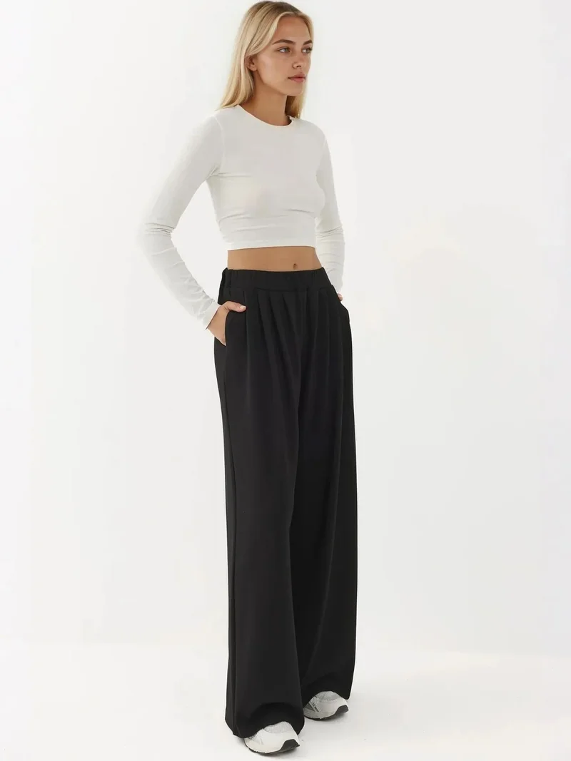 Hiccup Black Soft Touch Pleated Wide Leg Pants for Women | Best Price UAE